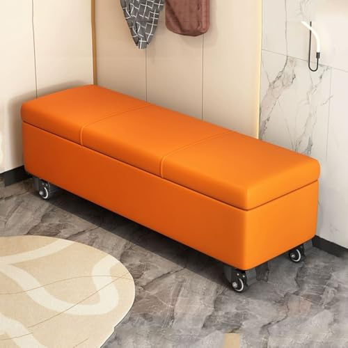 Orange Aufbewahrungsbank mit Rollen, 120 cm langes Schuhregal, gepolsterte Sitztruhe für Schlafzimmer und Eingangsbereich, stilvolle Fußbettmöbel