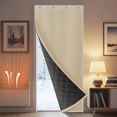 HEMVOR Thermal Door Curtains for Winter, W39''xL83'', Waterproof Windproof Insulated Blackout Curtains with Hooks & Velcro, Thick Thermal Curtain, Doorways Insulation for Front House Door(Beige)