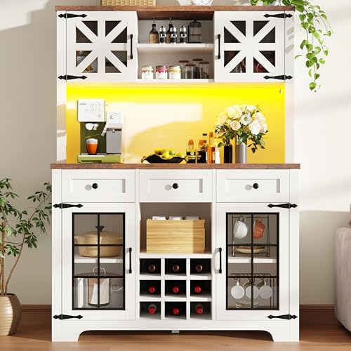 luckdect Colonne de Cuisine avec LED Intelligent, Meuble Rangement Haut 120 cm Porte Maille et Verre, Vaisselier Vitrine Casier à Vin Tiroir, Blanc, 120 x 40 x 180 cm