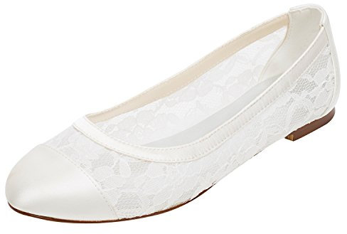 Emily Bridal Spitze Hochzeit Schuhe Flache Pumpen Runde Slip-on Brautschuhe, 39 EU, Elfenbein