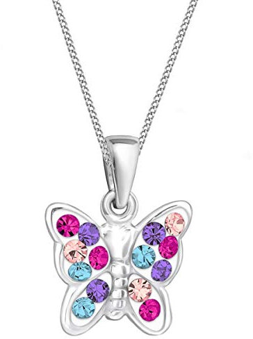 Goldene Hufeisen Kristall Schmetterling ANHÄNGER + 40cm KETTE 925 Echt Silber Mädchen Baby Kinder Halskette (1) Multicolor