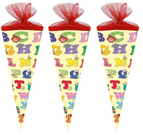 3er Pack SchultüteABC 22 cm rund gelb Zuckertüte Schulanfang
