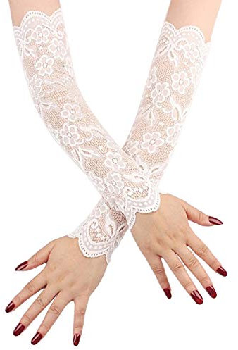 TiaoBug Damen Elegant Spitzen Handschuhe Ellenbogen lange Elastisch Handstulpen Brauthandschuhe Arm Stulpen Fäustlinge für Cosplay Oper Hochzeit Accessoires Weiß A One Size