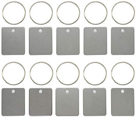 Etiquetas en blanco rectangulares de acero inoxidable con llavero, para grabar o estampar, 25 unidades