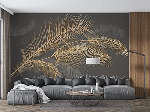 SILK ROAD EU Silk Photo Wallpaper 3D Effect Golden Feathers Personalised Size 3D Wallpaper Maximum Length up to 8 m Can be Used in Living Room, Kitchen, Bedroom, Children's Room, Studio