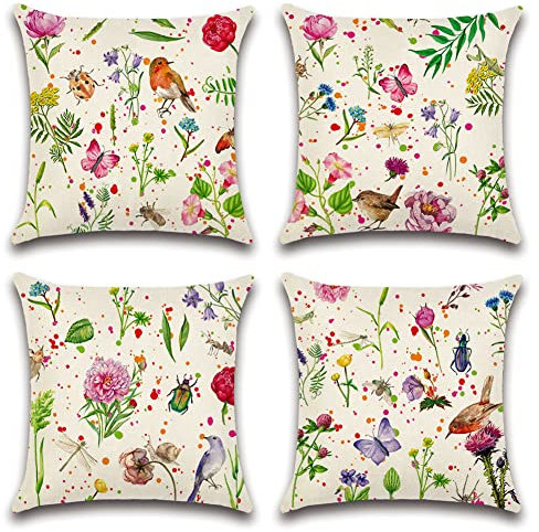 Artscope wasserdichte Kissenbezugen, 4er Set Blumen Vögel Schmetterlinge Insekten Kissenhülle Atmungsaktiv Kissen Fall für Outdoor Balkon Terrasse Patio Garten Bauernhaus Dekor 45x45CM