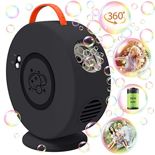 Seifenblasenmaschine Automatischer 90°/360°Drehbar, Tragbare Blasenmacher für Kinder, Schwarz Blasenmaschine, Elektrisches Blasenspielzeug für Outdoor/Hochzeit/Geburtstag Party