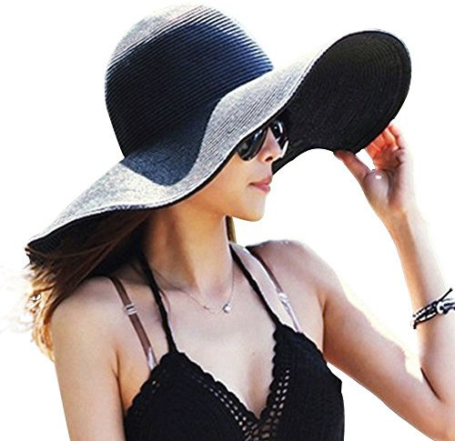 DRESHOW Damen Breit Krempe Strohhut Faltbar Schutz Strandhut Elegant Sommer Hut Sonnenhüte UPF 50+