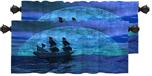 BaoNews Vollmond-Landschaft, Küchenvolants für Fenster, Niederländisches Boot, schwimmend auf dem Ozean, Verdunkelungsvorhänge, mehrschichtige Polyester-Vorhänge für Küche, 2 Stück, 132x45.7 cm