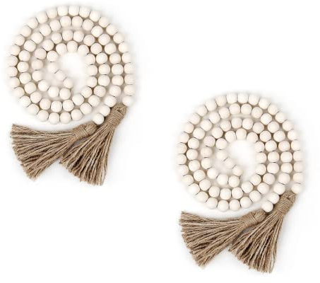 Vokowin 2 Packs Tassels Wood Bead, Wood Bead Garland With Tassels, Rustic Country Wooden Bead Decor Home Hanging Decoration Prayer Beads (K106-2)