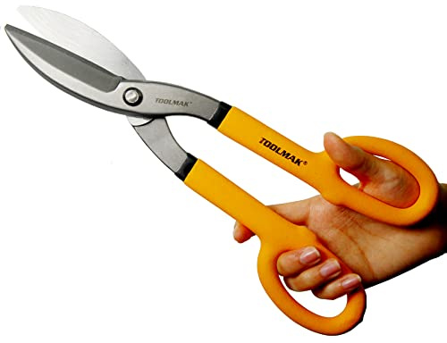 TOOLMAK Tin Snips 12 Inch Straight Pattern Tinners Snips with Comfort Grip Sheet Metal Cutting Shears Heavy Duty