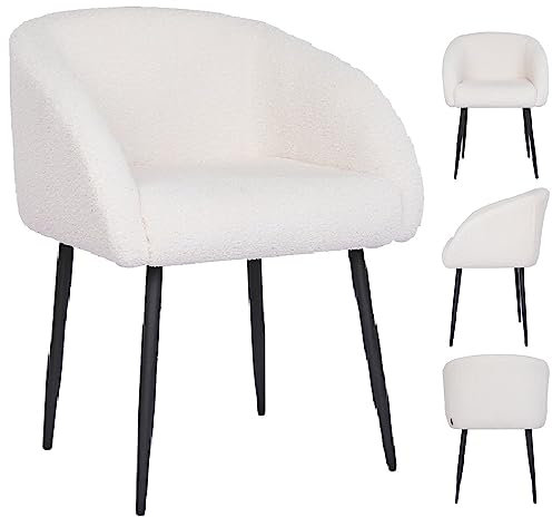 Mingone Sessel Lounge Loungesessel für Wohnzimmer Lammwolle Polsterstuhl Stuhl mit Armlehnen Cocktailsessel Modern Schwarz Metallbeinen für Schlafzimmer Last bis 120 kg, Weiß