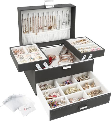 Schmuckkasten, Schmuckkästchen mit Schubladen für Damen Mädchen, PU-Leder Jewelry Box Schmuckbox Schmuckschatulle Groß Schmuckaufbewahrung für Ringe Ohrringe Armbänder Halsketten, Grau