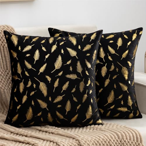 Deko Kissen Hüllen Herbst Schwarze Samt Kissenbezug Sofakissen 40 x 40 cm Goldfarbene Federn Bronzing Kissenbezüge 2er Set Dekokissen Kissenhülle für Couch Schlafzimmer Sofa Auto Zuhause Wohnzimmer