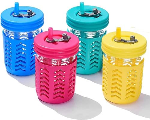 Smiths Mason Jars - Kleinkindbecher mit Strohhalm - 4er-Set auslaufsicherer, spritzwassergeschützter Trinklernbecher aus Glas mit Silikonhüllen für Reisen, Smoothies und den täglichen Gebrauch
