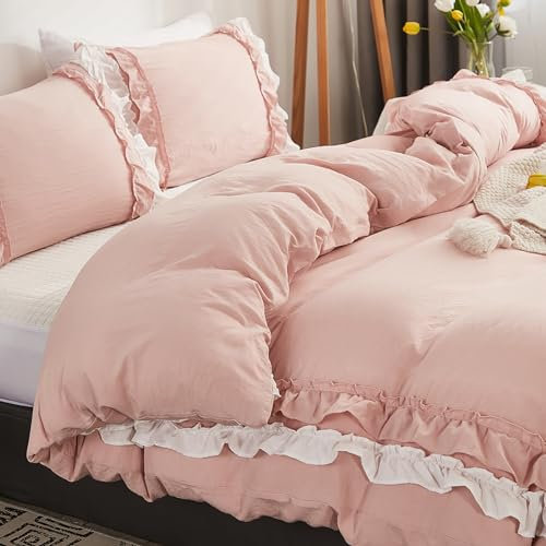 Wotcsil Pink Ruffle Bedding Set for Women Girls Ruffled Double Duvet Cover Set Plain Duvet Cover Shabby Chic Retro Double-Layer Frill Edge Design with Pillowcase