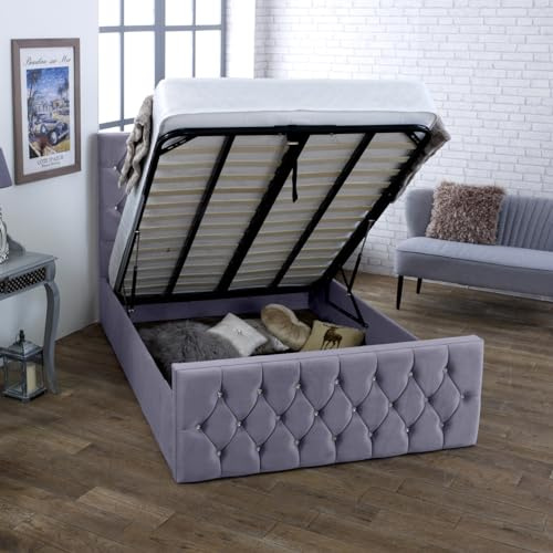 AuGold Beds Upholstered Orion 3FT Single Ottoman Bed – Grey Plush Velvet Single Bed Frame with Headboard, Footboard & Lift-Up Storage bed – Durable Modern Bed for Chic Bedrooms