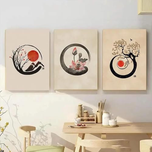 Yangld Vintage-Zen-Enso-Kreis-Poster und Drucke, japanische Bonsai-Sakura-Wandkunst, Leinwandgemälde, Bild, Wohnzimmerdekoration, 50 x 70 cm x 3, ohne Rahmen