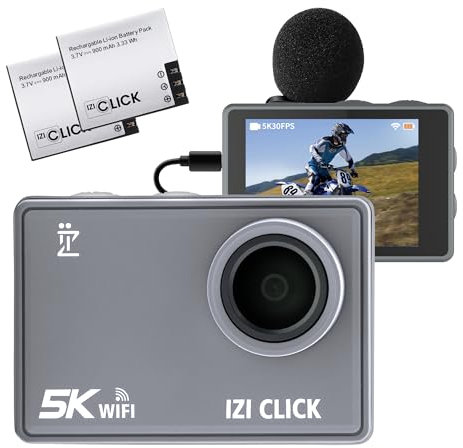 IZI Click Plus 5K 30FPS Budget Action Kamera, 170° HD Weitwinkel, Anti-Shake EIS, MotoVlog, YouTube, Live-Stream, 33,5 m wasserdicht, Typ-C-Mikrofon-Unterstützung, Zubehör-Set, 2 x Batterien +