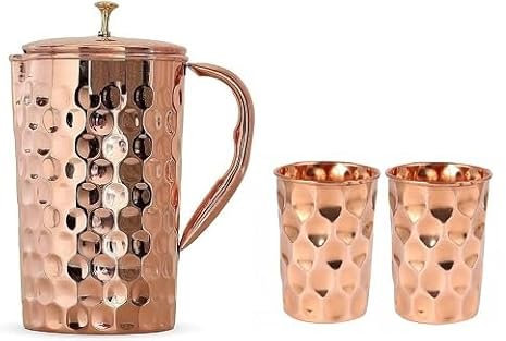 BishtHub Jarra de cobre de diamante de 1500 ml y vasos de agua de 300 ml, jarra y vaso de cocina, utensilios de cobre para serveware: 1 jarra y 2 vasos