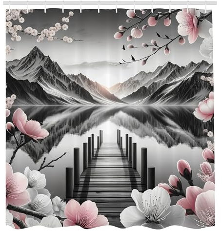 ABAKUHAUS See Duschvorhang, Kirschblüten symmetrische Reflexionen von Frühlingsbergen Dramatische Illustration, Stoffliches Gewebe Badezimmerdekorationsset mit Haken, 175 x 200 cm, Grau Rouge
