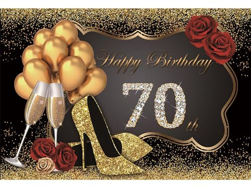 Ttincceer Hintergrund High Heels Geburtstag 4.5x3m Happy 70th Birthday Glitter Gold Fotografie Hintergrund Champagner Ballon Rot Rose Blume Fotografie Hintergrund Geburtstag Party Banner