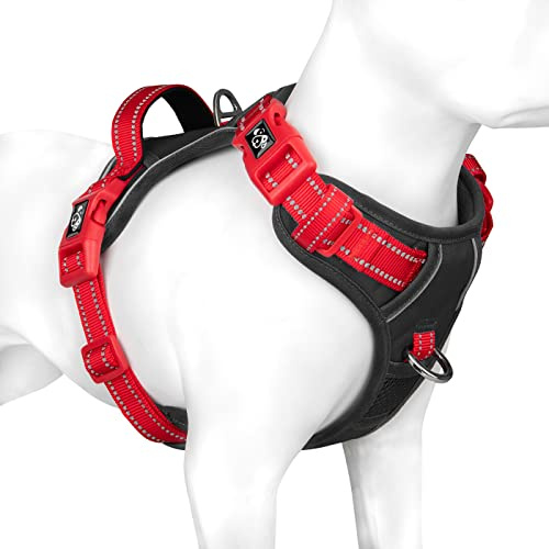 PHOEPET Dog Harness Large Dog, No Pull Vest with Handle, Reflective Strap | (Black Base & Red Straps,XL), Easy to Wear & Fully Adjustable, 2 Metal Clips, Quick-Release Buckles,Breathable Padding