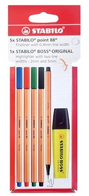 STABILO point 88 BOSS ORIGINAL - Fineliner & Highlighter | Pack of 6 - Assorted Colours