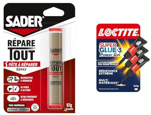 Sader Répare Tout - Pâte à Réparer Epoxy - Tous Matériaux – Intérieur/Extérieur – Couleur : Gris & Loctite Super Glue-3 Power Gel Mini Dose, colle forte enrichie en caoutchouc, mini-dose de colle gel