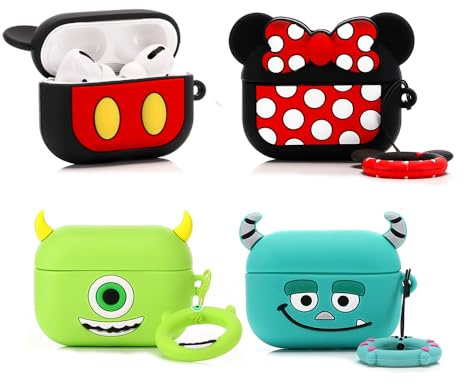 (4 Packung) Hülle für AirPods Pro 2nd/1st Erzeugung Ohrhörer(2022/2019), XMBYGY Silikon Aufladung Fall Schutz Abdeckungen mit Niedlich Cartoon Haut Design für AirPods Pro 1/2 (MK+MN+MrQ+Monster)