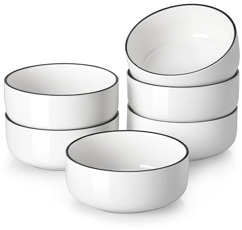 MALACASA Müslischalen 6er Set, 700ml Suppenschalen Porzellan Salatschüssel Set Dessertschalen Frühstücksschalen Keramik Große Schüsseln Set für Nudeln, Salat, Obst, Serie LUNA Weiß mit Schwarzem Rand