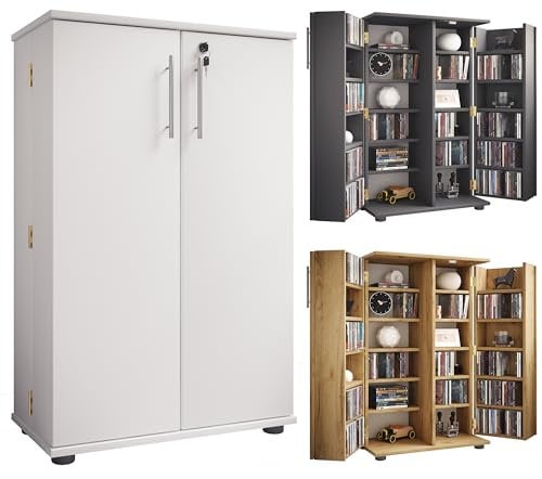 Holz CD DVD Stand Regal/Schrank | platzsparender CD Schrank mit 2 abschließbaren Türen für 600 CDs oder 260 DVDs oder 144-Videos | Maße: H. 93 x B. 60 x T. 31 cm | 20 variable Einlegeböden – Engalo XL