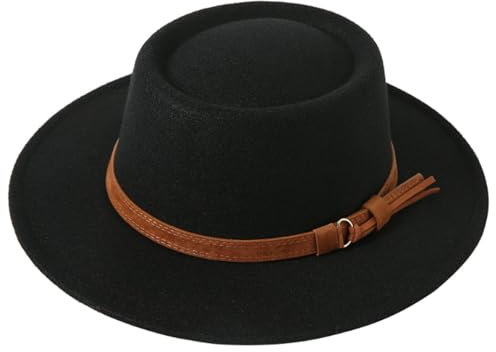 HIQIU Klassischer Retro Britischer Stil Schwarz Cowboyhut für Herren Damen Breite Krempe Cowgirl Westernhut mit Gürteldekor (DE/NL/SE/PL, Numerisch, 56, 58, b-Schwarz)