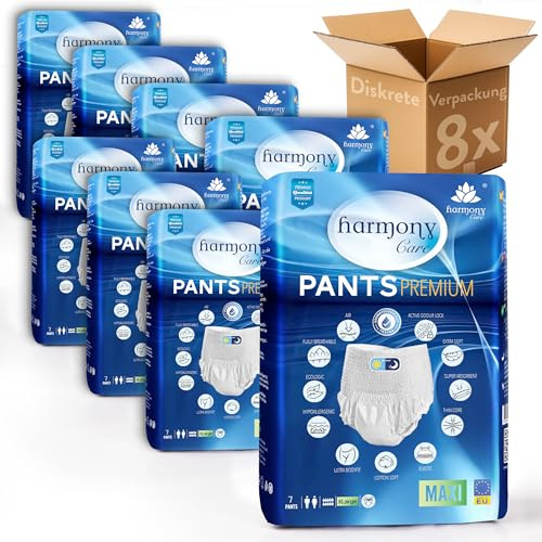 Harmony Care® Premium Pants MAXI, Windeln für Erwachsene Gr.L - 64 Stück | Saugstarke Inkontinenz Pants Männer und Damen, diskrete Windelhosen, Erwachsenen Windel, auslaufsicher bei Blasenschwäche