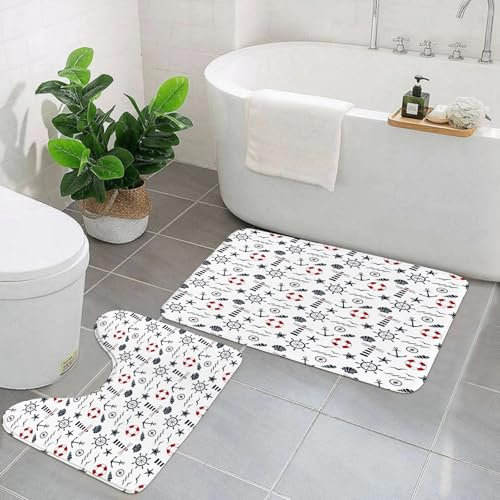 EYLOZS Badezimmerteppich Set 2 Teilig Waschbar rutschfeste Badematte Toilettenmatte Weich Saugfähige Badteppiche,Leuchtturm, nautische Anker, Wellen, Helme und Tiersilhouetten