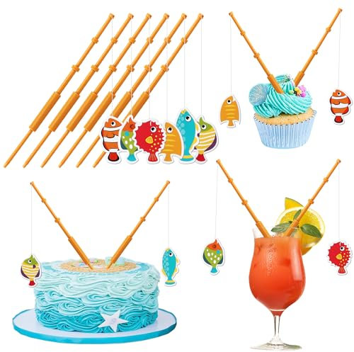 Xsstarmi 6 Pack Fishing Cupcake Toppers, Fishing Party Decorations, Fishing Birthday Party Cake Decorations Cupcake Picks for Fisherman Birthday Gone Fishing Party Decorations
