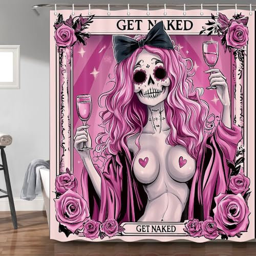 Duschvorhang mit Totenkopf-Skelett-Motiv, lustig, rosa, Halloween, Gothic, rote Rose, Blumenmuster, Rotwein, Mädchen, Horror, gruselig, Badezimmer-Duschvorhang mit Polyester-Haken, 180 x 180 cm