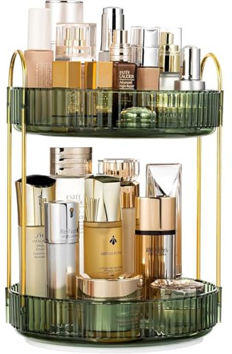 Cnwinu Make Up Organizer Drehbar,Schminktisch Organizer Rund,badezimmer organizer,Parfüm Regal,Beauty Organizer,Kosmetik Organizer für Kosmetik Skincare Parfum (2 Schichten Hellgrün)