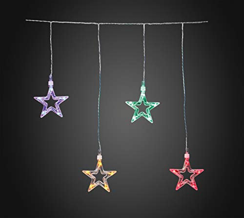 Hellum LED Lichtervorhang bunt mit 10 Deko Sternen, Lichtervorhang innen mit 10 Strängen und 50 bunten LEDs, Lichterkette Fenster, Weihnachtsdeko Fenster 2,25m 40cm Höhe, Innen-Trafo <59lm 152715
