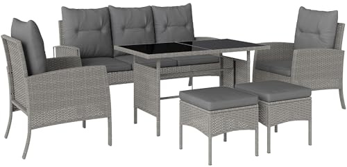 Outsunny 7 Seater Rattan Garden Furniture Set, 6 Piece Patio Dining Set, Armchairs, 3-Seater Sofa, Footstools, Glass Dining Table, Cushions, Wicker Outdoor Furniture for Conservatory Patio, Grey