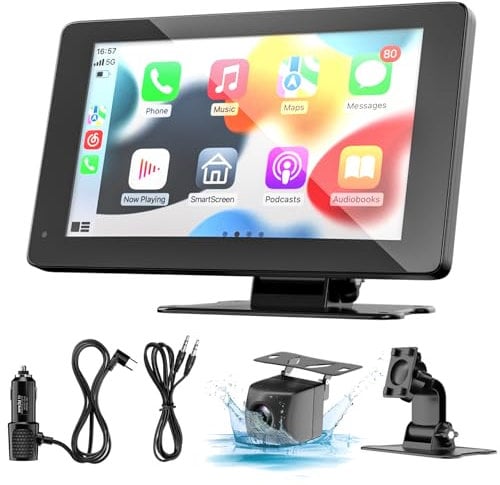 2025 Wireless Carplay Display Android Auto Display mit Stehende Halterung 7 Zoll Touchscreen Auto Display Car Play Bildschirm mit Rückfahrkamera, Buddy Display mit Siri/Google GPS Navigation AUX, FM