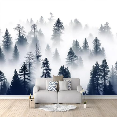 Papier Peint Panoramique Gris 3D intissé, pour Salon Chambre d'enfants restaurant Décoration Murale Dense brume forêt fresques géants - Chambre 300 x 210 cm papier peint mural nature