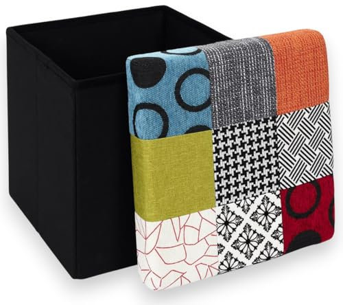 PZL CONCEPT Pouf de Rangement Salon avec Couvercle – Coffre Pliable Carré 38x38x38 cm – Tabouret Repose Pieds et Jambes pour Fauteuil ou Canapé – Cube Ottoman Design Original (Patchwork, Carrée)
