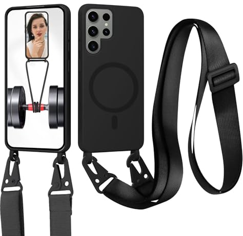 Handykette für Samsung Galaxy S24 Ultra Hülle mit Band Abnehmbar [Kompatibel mit Magsafe] Flüssig Silikon Necklace Handyhülle Magnetische Schutzhülle zum Umhängen Kordel für Galaxy S24 Ultra, Schwarz