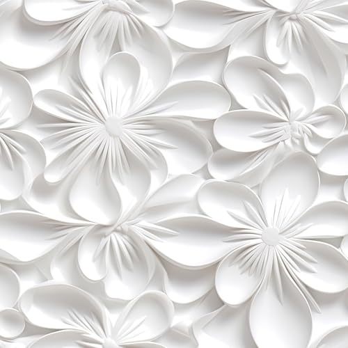 Stickyart Selbstklebende Tapete Weiß Mit Blumen Muster 3D-Effekt Wasserfest 44.5cmx200cm Möbelfolie Selbstklebende Floral Tapete Schlafzimmer Folie Für Möbel Wandtapete Selbstklebend Wohnzimmer