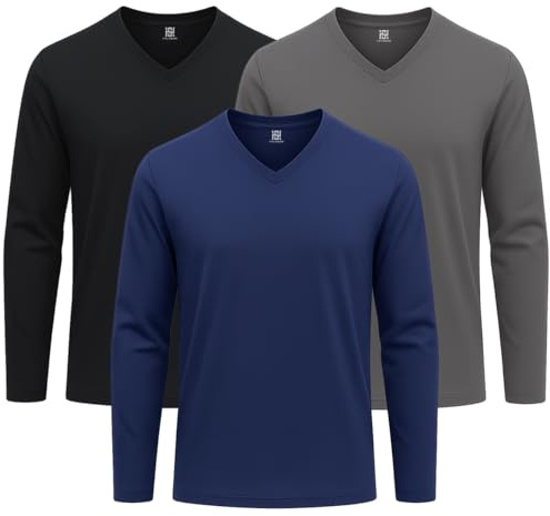 Style Horizon 3 Pack Mens Long Sleeve V Neck T-Shirts, 100% Cotton Casual V-Neck Full Sleeved Tops