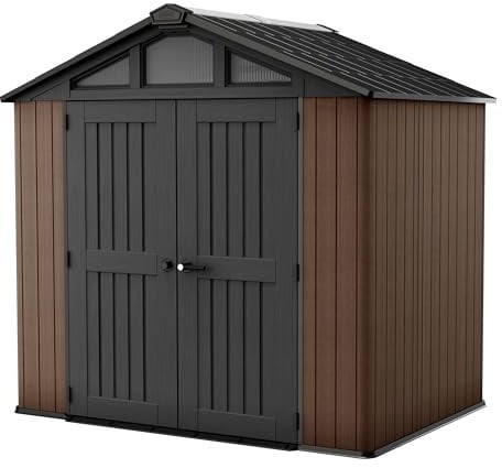 Keter Stronghold 8x6 Gartenhaus, geräumig & robust, EVOTECH™-Material, stahlverstärkt, Braun, Maße: 252 x 175 x 241 cm