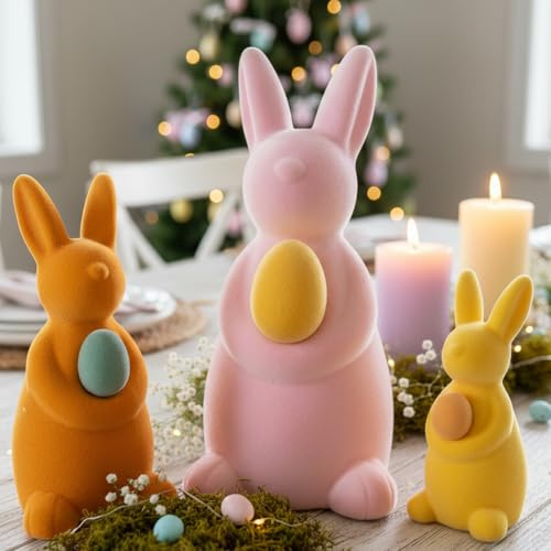 Lanpn 3er-Set Flauschige Osterhasen mit Eiern, Hasenfiguren für Tisch, Regal & Wohnraum, Frühlingsdeko (Rosa, Gelb, Orange)