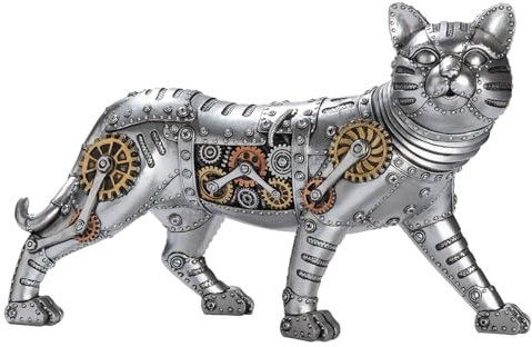 GILDE Steampunk Katze Figur aus Kunstharz - silberfarben - Zahnradmotiv - Höhe 23cm x Breite 35cm