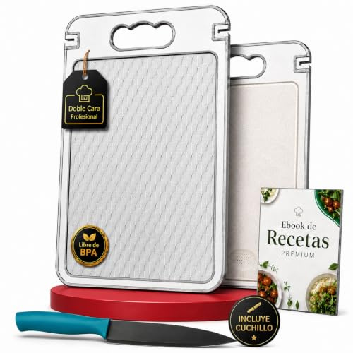 Tabla de Cortar Acero Inoxidable 304 Antibacteriana 35x25 cm | 3 en 1 con Afilador, Rallador y Canal Antiderrame | Doble Cara | Cuchillo Profesional + eBook 100 Recetas Mediterráneas